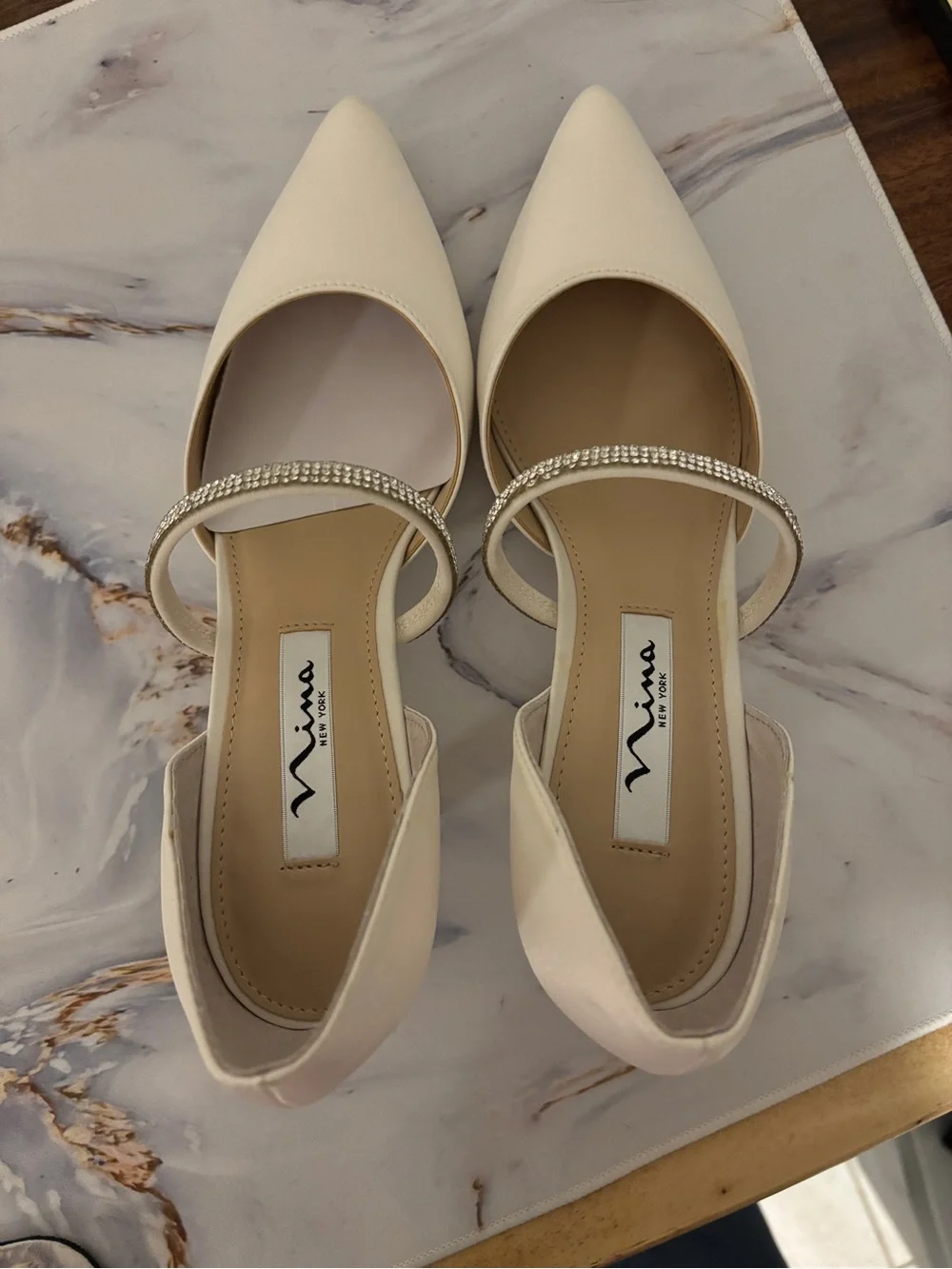 Nina Cream Satin Pointed-Toe Heels with Crystal Strap